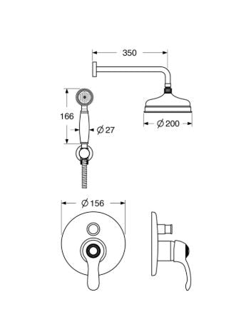 Elite – Kit doccia incasso con deviatore, con soffione in ottone ⌀200 mm e varie rifiniture