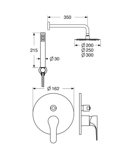 Fly – Kit doccia incasso con deviatore e soffione anticalcare in acciaio di varie misure e rifiniture