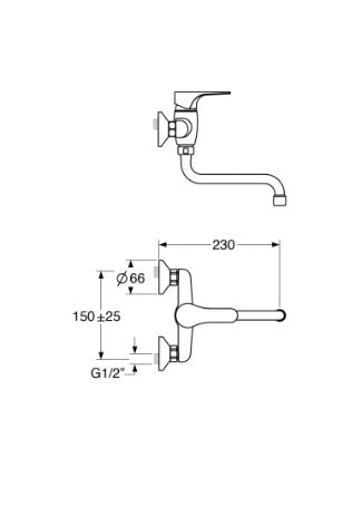 Fly – Monocomando lavello a muro con canna “S” da 18 cm e varie rifiniture