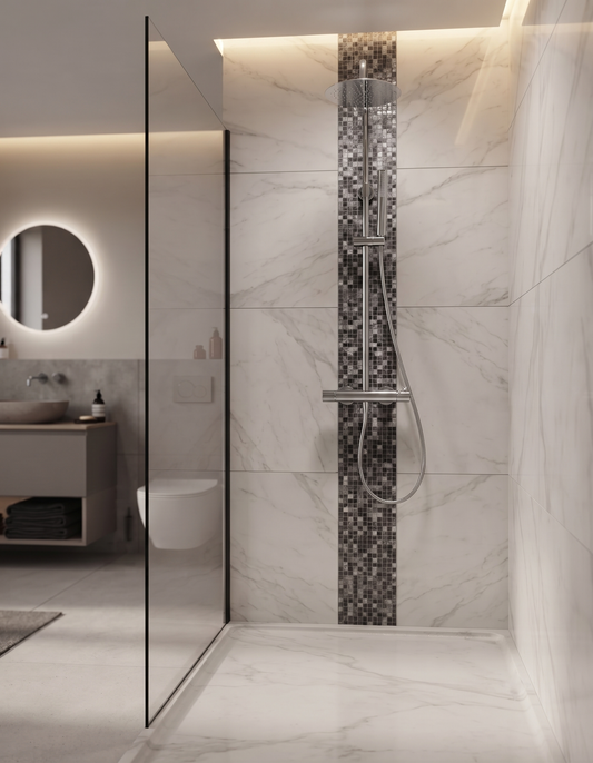 Shower & Wellness - Colonna doccia telescopica con soffione quadrato anticalcare in acciaio di varie misure e termostatico doppia uscita