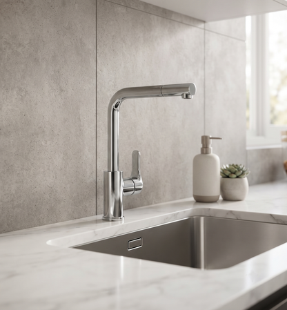 Fly – Monocomando lavello 90° doccia estraibile con varie rifiniture