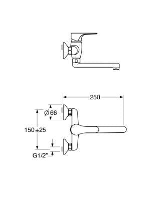 Fly – Monocomando lavello a muro con canna piatta da 20 cm e varie rifiniture