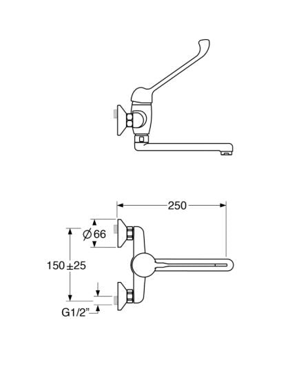 Fly – Monocomando lavello a muro leva clinica, con canna piatta 20 cm e varie rifiniture