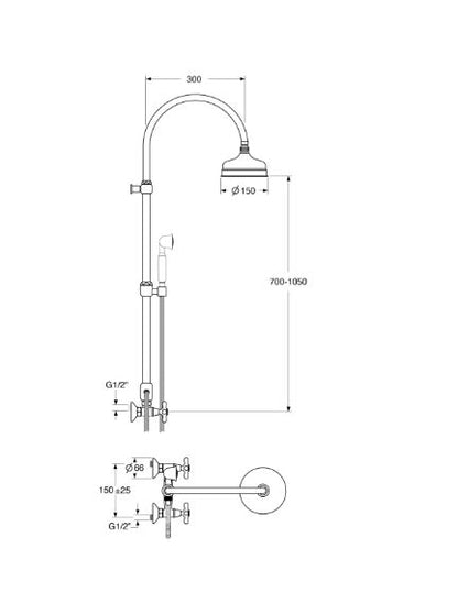 Shower & Wellness - Colonna doccia con miscelatore, duplex e soffione in ottone da Ø150 con varie rifiniture