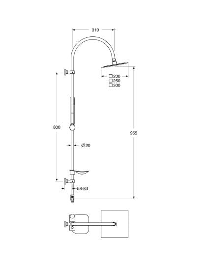 Shower & Wellness - Colonna doccia attacco da 1/2" con soffione quadrato anticalcare in acciaio di varie misure