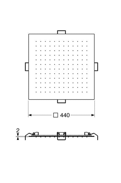 Shower & Wellness - Soffione a soffitto ispezionabile Skyplanet quadro 440x440, sistema di montaggio con molle aisi 316
