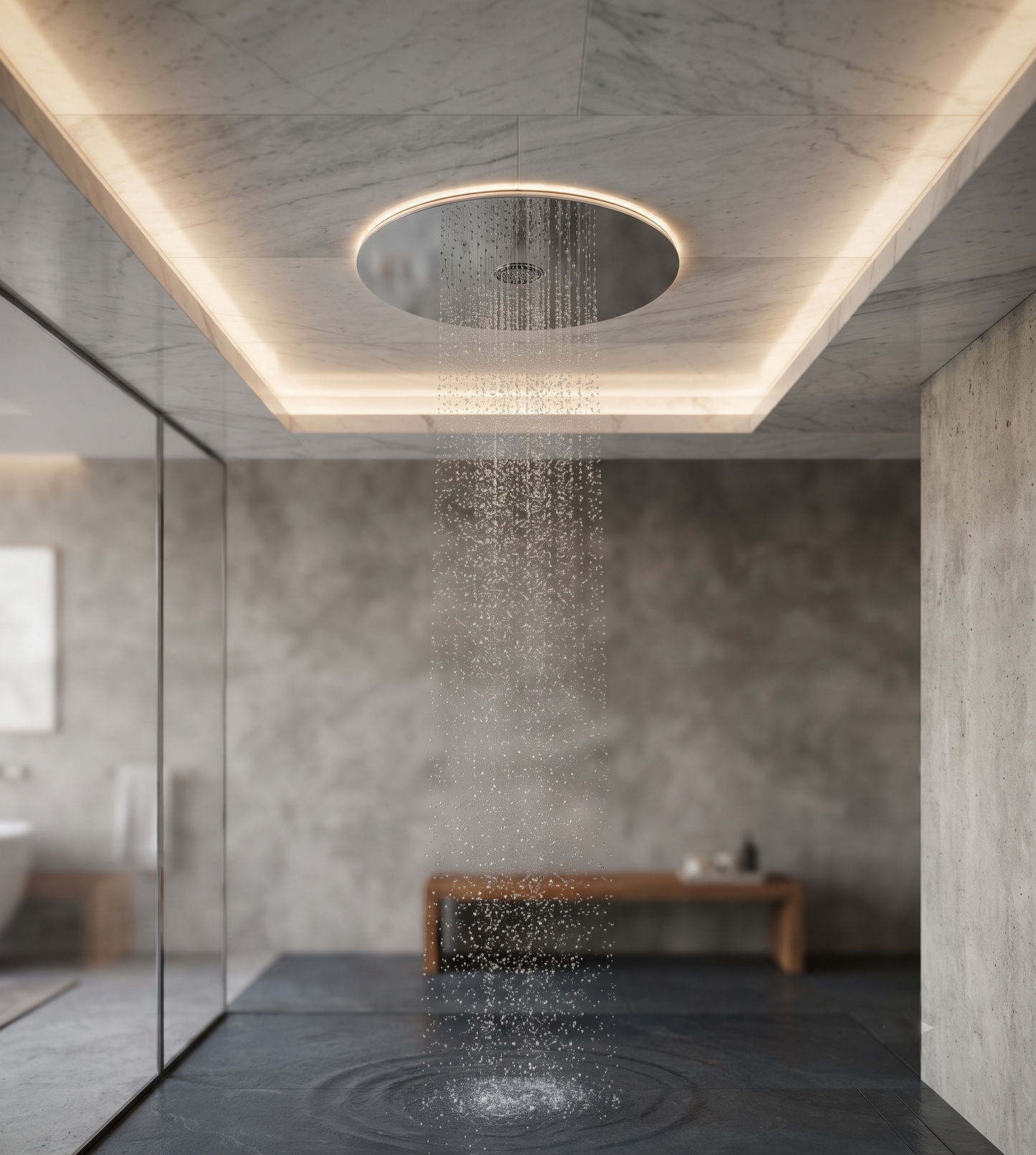 Shower & Wellness - Soffione a soffitto ispezionabile Skyplanet laminar tondo di diametro Ø340, pioggia, getto laminare, sistema di montaggio con molle