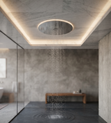 Shower & Wellness - Soffione a soffitto ispezionabile Skyplanet laminar tondo di diametro Ø340, pioggia, getto laminare, sistema di montaggio con molle