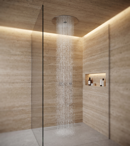 Shower & Wellness - Soffione a soffitto ispezionabile Skyplanet laminar tondo di diametro Ø440, pioggia, getto laminare, sistema di montaggio con molle
