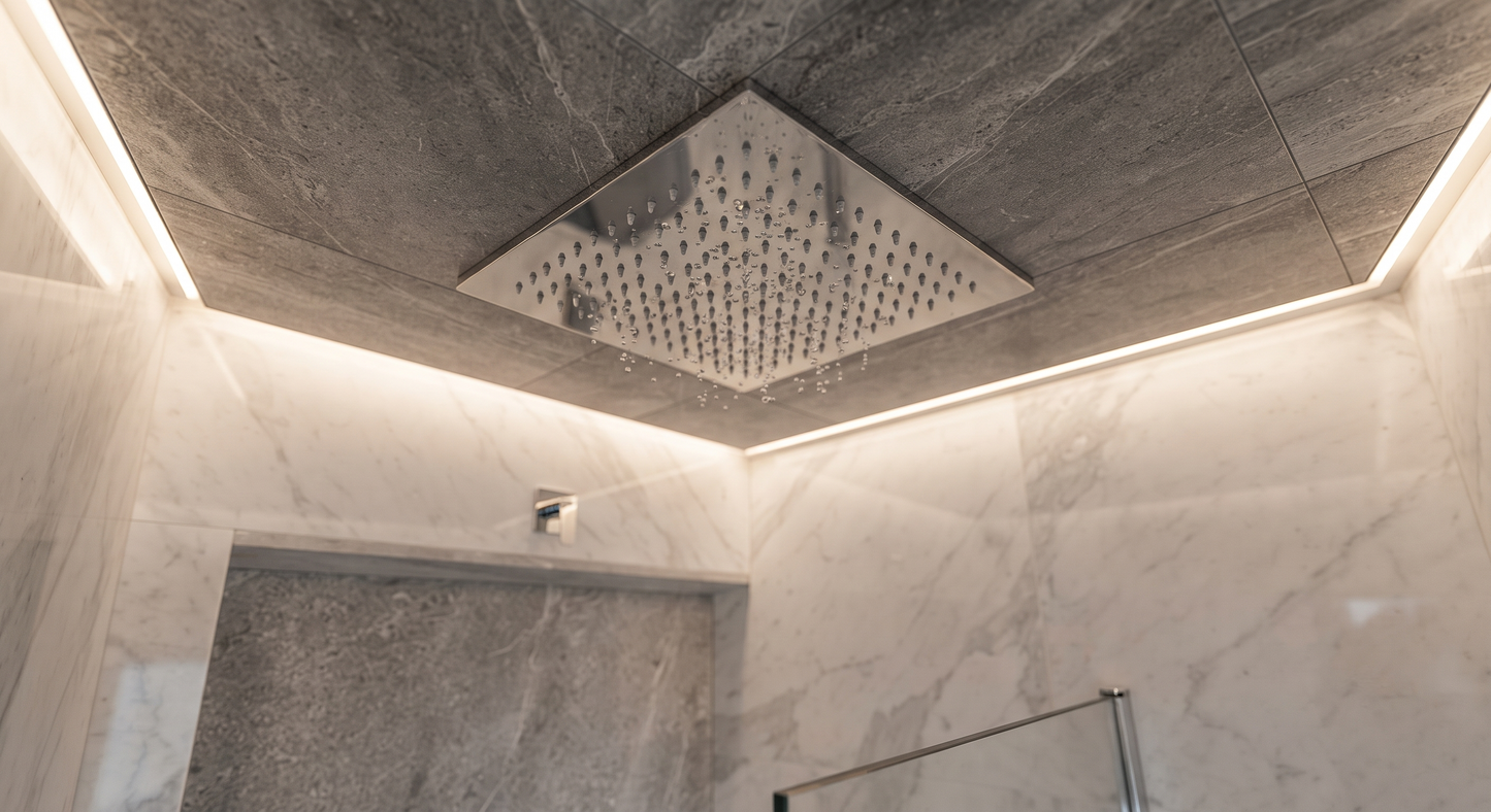 Shower & Wellness - Soffione a soffitto ispezionabile Skyplanet quadro 440x440, sistema di montaggio con molle aisi 316
